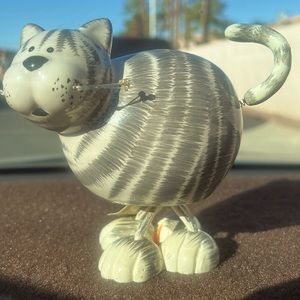 Lg Gray White Ceramic Cat on Spring Legs EUC
